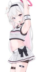 Rule 34 | 1girl, absurdres, alternate costume, arm behind head, arm up, armband, armpits, bare shoulders, belt, bike shorts, black bow, black choker, black eyes, black hairband, black shorts, blue archive, blush, bow, braid, breasts, cheerleader, choker, cowboy shot, crop top, from side, frown, hair over one eye, hairband, halo, headset, highres, hiyayo25, holding own arm, long hair, looking at viewer, microphone, midriff, miniskirt, mismatched pupils, multicolored hair, navel, pink hair, plana (blue archive), pleated skirt, pom pom (cheerleading), ribbon, shirt, shorts, shorts under skirt, single braid, skindentation, skirt, sleeveless, sleeveless shirt, small breasts, solo, striped clothes, striped shirt, striped skirt, thigh belt, thigh strap, two-tone hair, very long hair, white hair, white ribbon, white shirt, white skirt