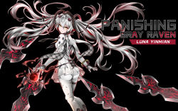 Rule 34 | 1girl, absurdres, black background, bodysuit, bracelet, character name, copyright name, cross-shaped pupils, floating, floating headgear, floating object, floating weapon, grey bodysuit, grey hair, headgear, highres, jewelry, long hair, looking at viewer, luna: laurel (punishing: gray raven), luna (punishing: gray raven), miying (13975192760), orange eyes, orb, punishing: gray raven, symbol-shaped pupils, thighlet, twintails