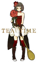 Rule 34 | 1girl, :o, bare shoulders, boots, brown eyes, brown hair, buzz (moi), choker, dress, flower, gloves, holding, holding spoon, original, oversized object, rose, short hair, solo, spoon, striped clothes, striped thighhighs, thighhighs