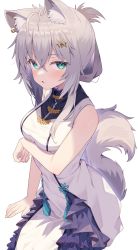 Rule 34 | 1girl, absurdres, animal ears, bare arms, bare shoulders, breast hold, breasts, commission, dog ears, dog girl, dog tail, dress, earrings, folded ponytail, green eyes, grey hair, hair ornament, hairclip, highres, jewelry, jun (aousa0328), long hair, looking at viewer, medium breasts, original, parted lips, simple background, sitting, skeb commission, sleeveless, sleeveless dress, solo, tail, tail raised, white background, white dress