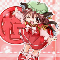 Rule 34 | 1girl, animal ears, bad id, bad pixiv id, bow, brown eyes, brown hair, cat ears, cat girl, cat tail, chen, dress, fang, female focus, frilled socks, frills, happy, hat, lowres, oekaki, one eye closed, ribbon, shoes, short hair, socks, solo, tail, touhou, wink, zipang (zip@ng works)