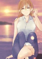 Rule 34 | 1girl, absurdres, adjusting hair, artist name, artist request, bare shoulders, barefoot, blouse, blue pants, blush, breasts, brown eyes, brown hair, buttons, cloud, collared shirt, crossed legs, day, earrings, feet, female focus, glasses, hair between eyes, half-closed eyes, highres, jewelry, kunikida hanamaru, light brown hair, long hair, looking at viewer, love live!, love live! sunshine!!, medium breasts, outdoors, pants, parted lips, playing with own hair, shirt, sitting, sky, sleeveless, sleeveless shirt, smile, solo, sunset, teeth, white shirt, wing collar, yellow eyes