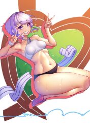 Rule 34 | 1girl, a.i. voice, absurdres, armpits, breasts, commentary request, double v, full body, highres, looking at viewer, navel, nicchi, purple eyes, purple hair, seiza, short hair with long locks, sitting, small breasts, smile, solo, sports bikini, stomach, sweat, thighs, track and field, v, voiceroid, yuzuki yukari