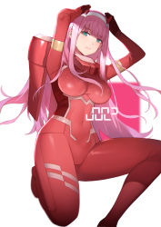 Rule 34 | 10s, 1girl, absurdres, aqua eyes, arms up, blush, bodysuit, breasts, character name, closed mouth, covered navel, darling in the franxx, hairband, highres, horns, kneeling, light smile, long hair, looking at viewer, medium breasts, on one knee, pilot suit, pink hair, red bodysuit, shiny clothes, shiny skin, skin tight, smile, solo, white background, white hairband, yykuaixian, zero two (darling in the franxx)
