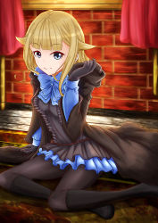 Rule 34 | black footwear, black gloves, black pantyhose, black skirt, blonde hair, blue bow, blue eyes, boots, bow, brick wall, cloak, curtains, gloves, hand up, hood, hood down, knee boots, mono9ron, pantyhose, princess (princess principal), princess principal, sitting, skirt, smile, solo