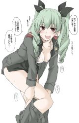 Rule 34 | 10s, 1girl, anchovy (girls und panzer), anzio military uniform, black ribbon, black shirt, blush, bra, breasts, cleavage, clothes pull, commentary, downblouse, dress shirt, drill hair, elf (stroll in the woods), girls und panzer, graphite (medium), green hair, grey jacket, grey pants, hair ribbon, highres, jacket, leaning forward, long hair, long sleeves, looking at viewer, medium breasts, military, military uniform, open clothes, open jacket, open mouth, open shirt, pants, pants pull, red eyes, ribbon, shirt, simple background, smile, solo, standing, traditional media, translation request, twin drills, twintails, underwear, uniform, white background, white bra