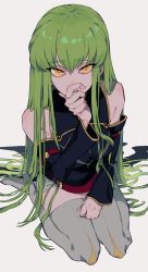 Rule 34 | 1girl, bad id, bad twitter id, bare shoulders, belt, boots, breasts, c.c., code geass, detached sleeves, eyelashes, green hair, hair between eyes, hand on own face, high heels, highres, long hair, looking at viewer, medium breasts, open mouth, seiza, sitting, solo, thigh boots, thighhighs, urkt 10, very long hair, yellow eyes