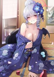 1girl black_wings blue_archive blue_flower blue_kimono blurry blurry_background blush braid breasts cleavage collarbone commentary_request ddangbi demon_wings floral_print floral_print_kimono flower grey_hair hair_bun hair_flower hair_ornament halo haruna_(blue_archive) haruna_(new_year)_(blue_archive) highres indoors japanese_clothes kimono large_breasts looking_at_viewer no_bra official_alternate_costume official_alternate_hairstyle one_eye_closed red_eyes red_halo single_bare_shoulder single_braid single_hair_bun single_off_shoulder single_side_bun single_wing sitting smile solo wide_sleeves wing_ornament wings yokozuwari