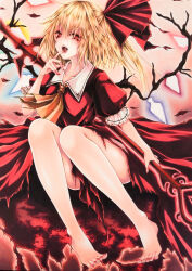 Rule 34 | 1girl, adapted costume, ascot, bare legs, barefoot, blonde hair, collarbone, collared shirt, finger to mouth, flandre scarlet, frilled sleeves, frills, glowing, glowing wings, highres, holding, holding polearm, holding weapon, koumajou densetsu, looking at viewer, marker (medium), medium hair, mktr (princess mktr), multicolored wings, nail polish, no headwear, open mouth, polearm, puffy short sleeves, puffy sleeves, red eyes, red nails, red shirt, red skirt, shirt, short sleeves, skirt, solo, spear, teeth, toenail polish, toenails, toes, touhou, traditional media, weapon, wings, yellow ascot