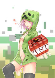 Rule 34 | 1girl, bad id, bad pixiv id, chinese text, creeparka, creeper, explosive, flat chest, hood, hoodie, minecraft, naked hoodie, purple hair, red eyes, sein (tgf19911119), thighhighs, tnt, tnt block (minecraft), tongue, tongue out, unzipped, zipper