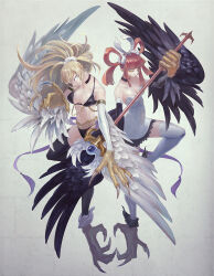 Rule 34 | 2girls, animal hands, bare shoulders, bird legs, black feathers, black wings, blonde hair, breasts, choker, claws, cleavage, clothing cutout, duel monster, feathered wings, feathers, green eyes, hair rings, harpie channeler, harpie dancer, harpy, holding, holding staff, large breasts, long hair, looking at viewer, monster girl, multiple girls, navel, navel cutout, orange eyes, orange hair, pointy ears, ponytail, simple background, staff, talons, thighhighs, twintails, white background, white feathers, white thighhighs, white wings, winged arms, wings, yu-gi-oh!, yuza, zettai ryouiki
