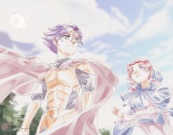 Rule 34 | 1boy, 1girl, albert odyssey, armor, bracer, cape, character request, cloud, day, dress, eye contact, headband, hood, long hair, looking at another, open mouth, outdoors, purple hair, red hair, standing, tenshuyaki