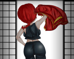 Rule 34 | 1girl, arm up, ass, back, backboob, bare arms, bare shoulders, braid, breasts, chinese clothes, from behind, gender request, genderswap, gul-fuh, hand on own hip, indoors, legs, midriff, ranma-chan, ranma 1/2, red hair, saotome ranma, single braid, sleeveless, solo, standing, tangzhuang, thighs