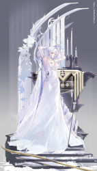 Rule 34 | 1girl, absurdres, breasts, brown eyes, candle, candlelight, candlestand, covered navel, detached sleeves, dress, gloves, highres, kaga (warship girls r), large breasts, long dress, long hair, ponytail, solo, stairs, very long hair, warship girls r, white dress, white gloves, white hair, white sleeves, white veil, wuzhuang caikuangche, yumi (bow)