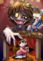 Rule 34 | 1girl, 2boys, angry, annoyed, bill cipher, bipper, book, braces, brother and sister, brown hair, colored sclera, crazy eyes, dipper pines, drooling, fangs, finger to head, gravity falls, grey eyes, hairband, headpat, holding, holding book, kneeling, long hair, mabel pines, melon (melon cream soda), mini person, minigirl, multiple boys, nail polish, pink sweater, possessed, puppet, puppet show, saliva, scared, siblings, size difference, skirt, slit pupils, socks, sweatdrop, sweater, teeth, tongue, tongue out, turtleneck, wooden floor, yellow nails, yellow sclera