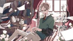 Rule 34 | 1boy, black jacket, book, book stack, bookshelf, brown hair, closed mouth, commentary request, cup, curtains, falling, feet out of frame, flower, glasses, green sweater, grey eyes, half-closed eyes, highres, id card, indoors, jacket, kankara nashi, lanyard, long sleeves, looking at viewer, looking over eyewear, male focus, midair, necktie, off shoulder, on chair, original, own hands together, pants, papers, plate, red necktie, shirt, short hair, sitting, solo, spoon, sweater, teacup, teapot, tray, twitter username, very short hair, white flower, white pants, white shirt, window