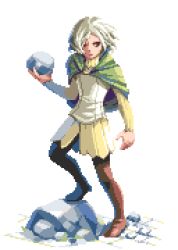 Rule 34 | 1boy, arm at side, armor, blonde hair, boots, cape, dungeon meshi, faulds, floating hair, full body, gorget, green cape, hand up, holding, holding weapon, long sleeves, male focus, mithrun, pixel art, pixelflag, rubble, short hair, sideways glance, simple background, solo, standing, thigh boots, thighhighs, weapon, white background