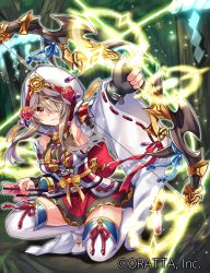 Rule 34 | 1girl, arrow (projectile), bare shoulders, blonde hair, bow (weapon), chaos blade (oratta), detached sleeves, fingerless gloves, gloves, hair over one eye, hood, long hair, official art, ribbon-trimmed sleeves, ribbon trim, shina shina, solo, thighhighs, weapon, wide sleeves, yellow eyes