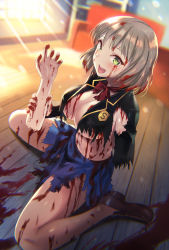 Rule 34 | 1girl, :d, amputee, blood, blood on clothes, blood on face, blood splatter, blue eyes, blue skirt, blurry, breasts, brown hair, cafe no zombi-ko, cafe no zombi-ko (1st costume), chromatic aberration, classroom, cleavage, day, depth of field, detached arm, guro, holding own arm, indoors, kitiroku, large breasts, loafers, looking at viewer, navel, no bra, open mouth, school, school uniform, shoes, short hair, sitting, skirt, smile, solo, torn clothes, virtual youtuber, wariza, zombi-ko channel, zombie