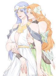 Rule 34 | 2girls, alternate form, bare shoulders, belt, blue hair, bracelet, breasts, chinese commentary, circlet, cleavage, collarbone, commentary request, cowboy shot, detached sleeves, dress, final fantasy, final fantasy xiv, flower, green dress, green eyes, hair ornament, halone (ff14), hand on another&#039;s chest, hand on another&#039;s thigh, hand under clothes, highres, jewelry, leaf hair ornament, llymlaen, long hair, looking at another, medium breasts, multiple girls, neck ring, nophica, orange hair, parted lips, plunging neckline, pouch, simple background, sleeveless, sleeveless dress, standing, wavy hair, white background, white dress, white flower, wo dou gao shi&#039;er shennu, yuri