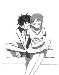 Rule 34 | 1boy, 1girl, bare shoulders, cheouldu, closed mouth, collarbone, commentary request, facial scar, feet out of frame, fur-trimmed shorts, fur trim, greyscale, hat, head on another&#039;s shoulder, highres, holding, holding clothes, holding hat, indian style, monkey d. luffy, monochrome, nami (one piece), needle, one piece, sandals, scar, scar on cheek, scar on face, sewing, sewing needle, shirt, short hair, short sleeves, shorts, single sidelock, sitting, skirt, straw hat, unworn hat, unworn headwear, white background