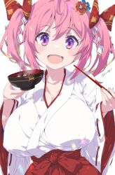 Rule 34 | 1girl, blush, bowl, breasts, chopsticks, covered erect nipples, food, hair ornament, hair ribbon, hakama, highres, holding, holding chopsticks, holding food, japanese clothes, kimono, large breasts, long hair, looking at viewer, miko, oomura karasu, open mouth, original, pink eyes, pink hair, red hakama, ribbon, ribbon-trimmed sleeves, ribbon trim, simple background, smile, solo, twintails, white background, white kimono, wide sleeves