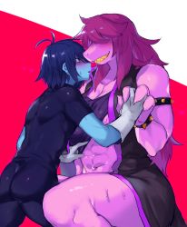 Rule 34 | 1boy, 1girl, abs, absurdres, armlet, ass, blue hair, blue skin, blush, bodysuit, bracelet, claws, clothes lift, colored skin, deltarune, fangs, gloves, hair over eyes, holding hands, highres, jewelry, kris (deltarune), looking at another, medium hair, messy hair, muscular, muscular female, no pants, purple hair, purple skin, red eyes, shirt lift, short hair, sleeveless, sleeveless jacket, smile, spiked armlet, spiked bracelet, spikes, susie (deltarune), suurin (ksyaro), sweat, sweatdrop, toned, two-tone background, undressing, white gloves