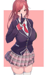 Rule 34 | 1girl, absurdres, blazer, blush, breasts, buttons, closed mouth, commentary request, dead or alive, dead or alive 5, gloves, hand up, highres, hoki1314, honoka (doa), index finger raised, jacket, large breasts, long hair, long sleeves, looking at viewer, necktie, pink background, pink eyes, pink hair, pleated skirt, pom pom (clothes), school uniform, shirt, skirt, smile, solo, thighhighs, thighs, uniform, white shirt, zettai ryouiki