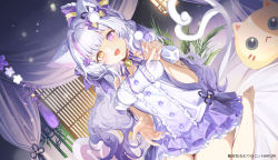Rule 34 | 1girl, :d, animal ear fluff, animal ears, bare shoulders, barefoot, breasts, cat ears, cat girl, cat tail, commentary request, copyright request, curtains, detached sleeves, dress, dutch angle, fangs, forked tail, gradient hair, grey hair, hand up, haruri, heterochromia, highres, holding, indoors, long hair, looking at viewer, medium breasts, mimikaki, multicolored hair, nail polish, official art, open mouth, puffy short sleeves, puffy sleeves, purple dress, purple eyes, purple hair, purple nails, seiza, short sleeves, sitting, smile, solo, tail, very long hair, virtual youtuber, watermark, white sleeves, yellow eyes