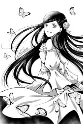 Rule 34 | 1girl, :d, braid, bug, butterfly, dated, dress, floating hair, flower, from side, greyscale, hair flower, hair ornament, honzuki no gekokujou, insect, long dress, long hair, long sleeves, myne (honzuki no gekokujou), monochrome, off-shoulder dress, off shoulder, open mouth, parted bangs, rose, shoulder blades, sketch, smile, solo, twitter username, very long hair, yuuko24
