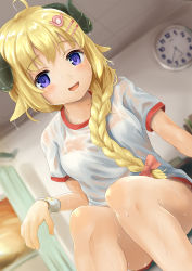 Rule 34 | 1girl, :d, absurdres, animal ears, blonde hair, blurry, blurry background, blush, bow, bra, braid, breasts, clock, curled horns, depth of field, dutch angle, feet out of frame, gym shirt, gym shorts, gym uniform, hair bow, hair over shoulder, highres, hololive, horns, indoors, long hair, looking at viewer, medium breasts, ohiensis, open mouth, pink bow, purple eyes, red shorts, see-through, sheep ears, sheep girl, sheep horns, shirt, short shorts, short sleeves, shorts, single braid, sitting, smile, solo, sweat, tsunomaki watame, underwear, very long hair, virtual youtuber, wall clock, wet, wet clothes, wet shirt, white bra, wristband
