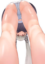 Rule 34 | 1girl, :o, ass, azur lane, bare legs, bent over, formidable (azur lane), from below, hair ribbon, highres, looking at viewer, looking through own legs, panties, ribbon, shiny skin, sikijou77o, simple background, solo, standing, underwear, upskirt, white background