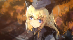Rule 34 | 1girl, animal ears, backpack, bag, blonde hair, blue eyes, blurry, bokeh, depth of field, from above, garrison cap, grass, hat, helma lennartz, highres, kabuyama kaigi, long hair, military, military uniform, neck ribbon, portrait, ribbon, shadow, sketch, solo, strike witches: suomus misfits squadron, uniform, world witches series