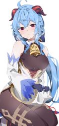 Rule 34 | ahoge, bare shoulders, bell, black gloves, black legwear, blue hair, blush, bow, bowtie, breasts, curled horns, detached sleeves, evening rabbit, ganyu (genshin impact), genshin impact, gloves, gold trim, highres, horns, lifting own clothes, long hair, medium breasts, neck bell, purple eyes, seiza, sidelocks, sitting, sketch, solo, thighlet, very long hair, wet, white background, white sleeves, wide sleeves