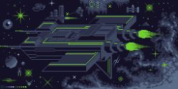 Rule 34 | black background, color guide, commentary, engine, english commentary, no humans, original, outdoors, pixel art, planet, robot, space, spacecraft, star (sky), steelsoldier