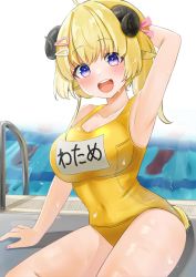 Rule 34 | 1girl, :d, ahoge, animal ears, armpits, arms up, blonde hair, blush, breasts, cleavage, covered navel, hair ornament, hairclip, highres, hololive, horns, large breasts, leo (f mmmnkm paint), long hair, looking at viewer, old school swimsuit, one-piece swimsuit, open mouth, ponytail, poolside, purple eyes, school swimsuit, sheep ears, sheep girl, sheep horns, sheep tail, sitting, smile, solo, swimsuit, tail, teeth, tsunomaki watame, upper teeth only, virtual youtuber, yellow one-piece swimsuit
