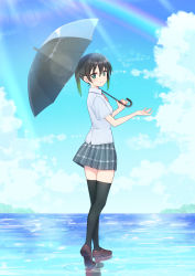 Rule 34 | 1girl, black hair, black thighhighs, commentary, day, deadnooodles, from behind, full body, gradient hair, green eyes, green hair, grey shirt, hair between eyes, highres, holding, holding umbrella, loafers, looking at viewer, looking back, love live!, love live! nijigasaki high school idol club, medium hair, multicolored hair, nijigasaki academy school uniform, pleated skirt, school uniform, shirt, shoes, short sleeves, skirt, smile, solo, standing, symbol-only commentary, takasaki yu, thighhighs, twintails, two-tone hair, umbrella, walking, walking on liquid, water, wet, zettai ryouiki
