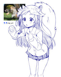 Rule 34 | 1girl, absurdres, animal ear fluff, animal ears, artist logo, artist name, bare legs, blush, buttons, collared shirt, commentary request, extra ears, feet out of frame, highres, large tail, long hair, long sleeves, looking down, miniskirt, nisp art, original, parted bangs, parted lips, peanut, pen (medium), pleated skirt, reference inset, shirt, sidelocks, simple background, skirt, solo, squirrel, squirrel ears, squirrel girl, squirrel tail, tail, white background