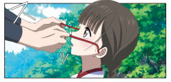 Rule 34 | 1girl, 1koma, 1other, black eyes, black hair, border, braid, chiyoka, comic, day, unworn eyewear, foliage, hair behind ear, holding, holding removed eyewear, japanese clothes, long hair, looking at another, miko, outdoors, outside border, parted lips, rdg red data girl, removing eyewear, sleeves past elbows, sound effects, suzuhara izumiko, teeth, tree, upper teeth only, white border