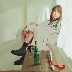 Rule 34 | 1girl, asian, black eyes, bottle, brown hair, curled up, curtains, flower, grey sweater, highres, light blush, looking to the side, minase chika, pablo uchida, real life, realistic, red flower, short hair, sitting, sketch, solo, sweater, window