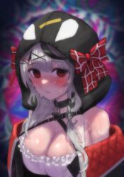 Rule 34 | 1girl, @ @, absurdres, bare shoulders, blush, bow, braid, breasts, camisole, choker, cleavage, commentary, english commentary, eyelashes, failose, grey hair, hair between eyes, hair ornament, hairclip, highres, hololive, hood, hypnosis, jacket, large breasts, looking at viewer, medium hair, mind control, multicolored background, multicolored hair, off shoulder, parted lips, plaid, red eyes, sakamata chloe, sakamata chloe (1st costume), streaked hair, sweat, upper body, very sweaty, virtual youtuber, white camisole, x hair ornament