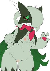 Rule 34 | 1girl, absurdres, animal hands, bob cut, body fur, cat girl, claws, cleft of venus, closed mouth, colored skin, cowboy shot, creatures (company), female focus, fir3born, flat color, furry, furry female, fusion, game freak, gardevoir, gen 3 pokemon, green fur, green hair, groin, hair over one eye, half-closed eyes, hands up, happy, highres, mask, masquerade mask, meowscarada, navel, nintendo, nude, one eye covered, pawpads, pokemon, pokemon (creature), pussy, red eyes, short hair, simple background, smile, solo, standing, stomach, tail, thighs, two-tone fur, uncensored, unfinished, wavy mouth, white background, white skin, wide hips