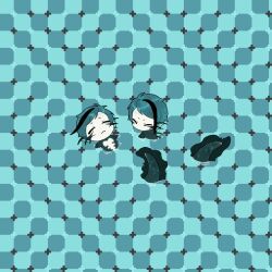 Rule 34 | 2boys, :&lt;, august2486, blue background, blue hair, blue theme, brothers, chibi, closed eyes, commentary, eel boy, fins, floyd leech, full body, head fins, jade leech, male focus, monster boy, multiple boys, partially submerged, primrose field illusion, short hair, siblings, swimming, symbol-only commentary, twins, twisted wonderland