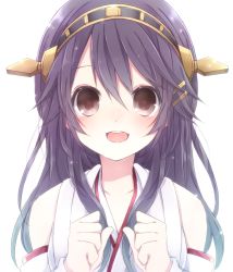 Rule 34 | 10s, 1girl, :d, black hair, brown eyes, detached sleeves, hair ornament, hairband, hairclip, haruna (kancolle), kantai collection, long hair, looking at viewer, natubudou, nontraditional miko, open mouth, smile, solo