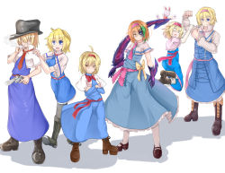 Rule 34 | 6+girls, ahoge, alice margatroid, arrow (symbol), black footwear, black headwear, blonde hair, blue dress, blue eyes, bois de justice, boots, bow, bowtie, breasts, capelet, cigarette, closed eyes, closed mouth, collared capelet, commentary request, cookie (touhou), corruption, cross-laced footwear, crossed arms, dies irae, dress, fedora, frilled capelet, frilled dress, frilled hairband, frilled neckwear, frilled sash, frills, full body, gaba physics, green hair, hair between eyes, hair over eyes, hairband, hat, heterochromia, highres, hinase (cookie), hyper muteki (ningen no kuzu), ichigo (cookie), jigen (cookie), jumping, light brown hair, long dress, looking at viewer, medium breasts, multiple girls, necktie, open mouth, pink hairband, pink necktie, pink sash, platform footwear, red bow, red bowtie, red hairband, red necktie, red sash, sakuranbou (cookie), sash, shinza bansho series, short hair, small breasts, smile, smoke, socks, standing, stuffed animal, stuffed rabbit, stuffed toy, taisa (cookie), touhou, web (cookie), white capelet, white legwear, yellow bow, yellow eyes