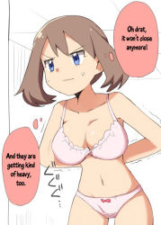 Rule 34 | ..., 1girl, adjusting bra, adjusting clothes, angry, arms behind back, blue eyes, bra, breasts, brown hair, cleavage, creatures (company), english text, female focus, game freak, half-closed eyes, large breasts, lingerie, may (pokemon), natsunagi takaki, navel, nintendo, panties, pink bra, pink panties, pokemon, pokemon (anime), pokemon rse, short hair, solo, speech bubble, standing, sweatdrop, text focus, trembling, underwear, undressing, wavy mouth