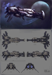 Rule 34 | cannon, character sheet, commentary, concept art, copyright name, cruiser (eve online), eve online, flying, from side, glowing, highres, military vehicle, multiple views, no humans, original, outdoors, photoshop (medium), planet, planetary ring, rawwad, science fiction, space, spacecraft, thrusters, turret, vehicle focus