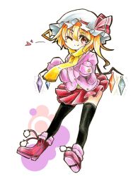 Rule 34 | 1girl, black thighhighs, blonde hair, blush, boots, colored pencil (medium), eyelashes, flandre scarlet, full body, goku (acoloredpencil), gokuu (acoloredpencil), hat, hat ribbon, heart, highres, jacket, looking at viewer, miniskirt, one eye closed, pleated skirt, red eyes, ribbon, scarf, short hair, side ponytail, simple background, skirt, sleeves past wrists, smile, solo, thighhighs, touhou, traditional media, white background, wings, wink
