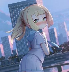 Rule 34 | 1girl, blonde hair, blunt bangs, blush, building, clenched hand, closed mouth, cloud, commentary request, creatures (company), day, fence, floating hair, game freak, green eyes, hand up, lamppost, leaning forward, lillie (pokemon), long hair, looking back, nintendo, outdoors, pleated skirt, pokemon, pokemon sm, ponytail, shamonabe, shirt, short sleeves, skirt, sky, solo, water, white shirt, white skirt, window