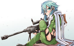 Rule 34 | 1girl, anti-materiel rifle, aqua hair, bibi02, black footwear, black gloves, bolt action, commentary request, fingerless gloves, from side, gloves, green eyes, green jacket, green legwear, gun, hair ornament, hairclip, holding, jacket, long sleeves, looking back, pgm hecate ii, rifle, scarf, short hair, shorts, sidelocks, simple background, sinon, sitting, sniper rifle, solo, sword art online, weapon, white background